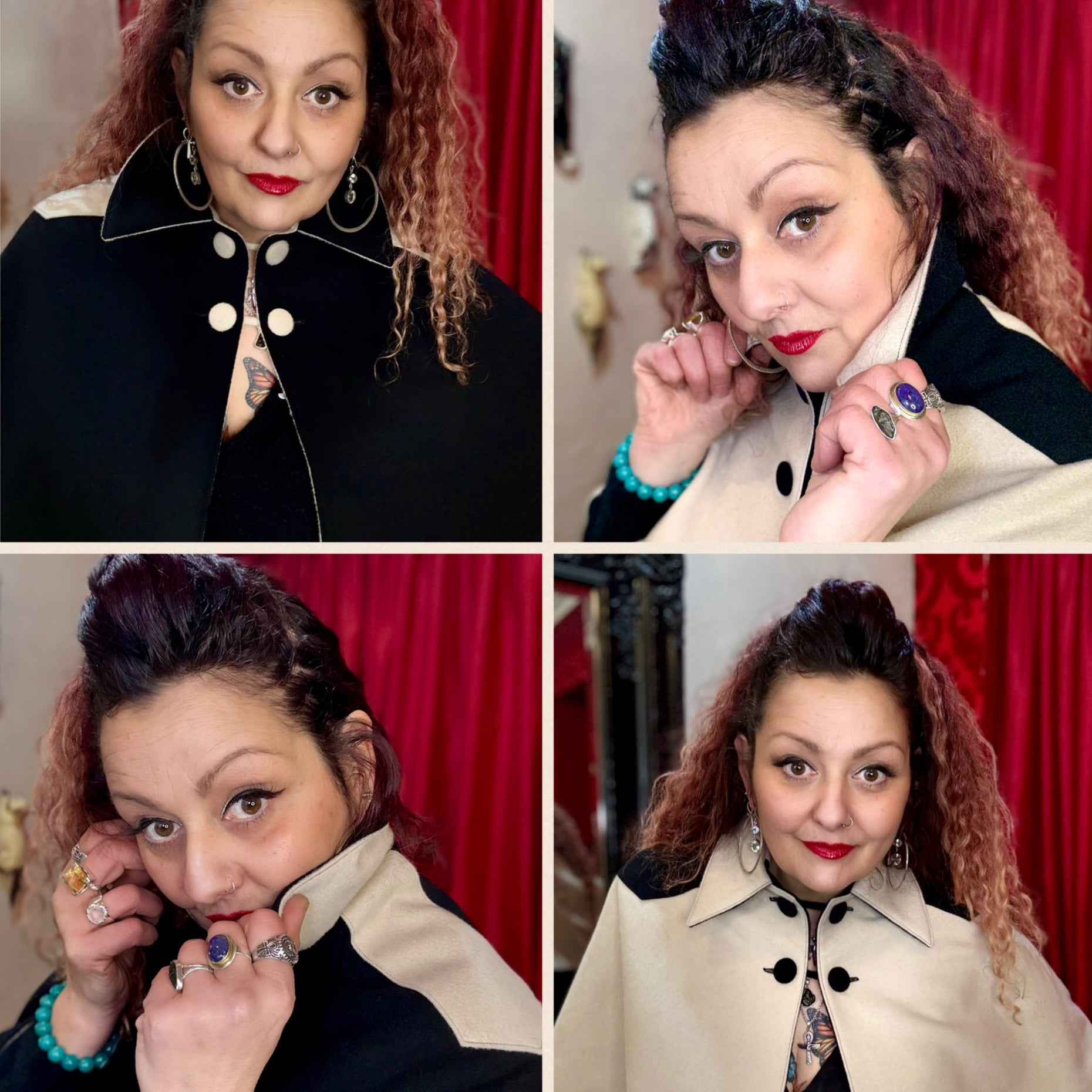 REVERSIBLE WOOL CAPE | Ivory. Black collage