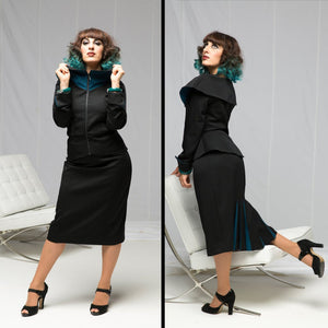 Modernist Madam Jacket & Fantail skirt blk.teal