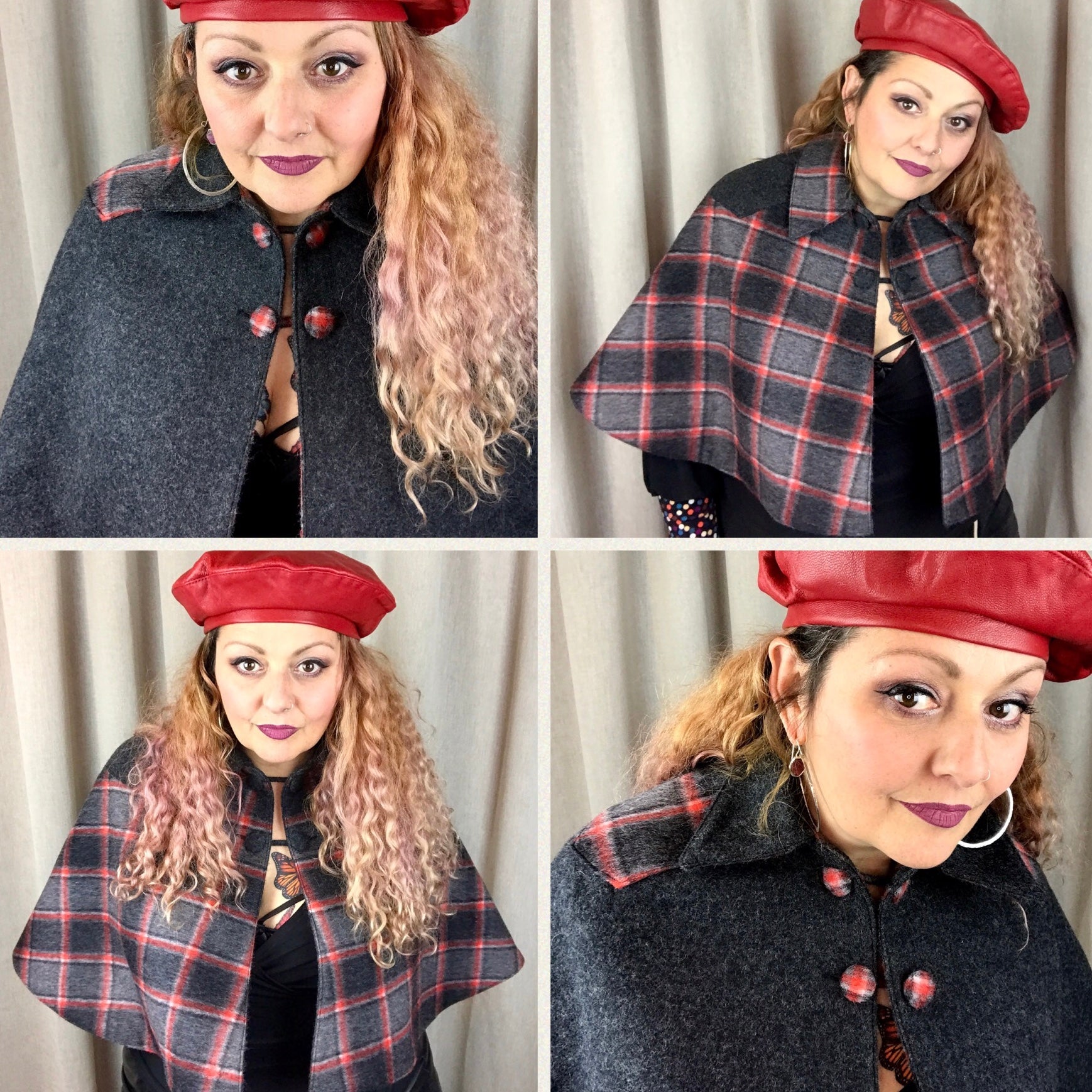 Reversible Wool Cape | RED PLAID.Charcoal